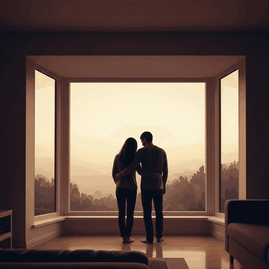 À propos, couple admirant le paysage au coucher par la fenêtre